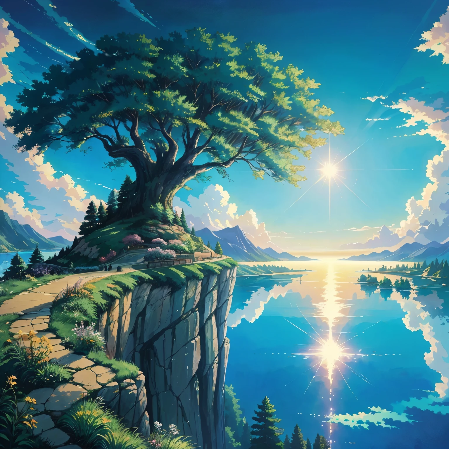a painting of a tree on a cliff overlooking a lake, anime beautiful peace scene, anime nature wallpap, anime nature, made of tree and fantasy valley, dream scenery art, anime landscape wallpaper, beautiful anime scenery, amazing wallpaper, scenery artwork, the most beautiful landscape, makoto shinkai cyril rolando, scenery art detailed, anime background art, scenery wallpaper