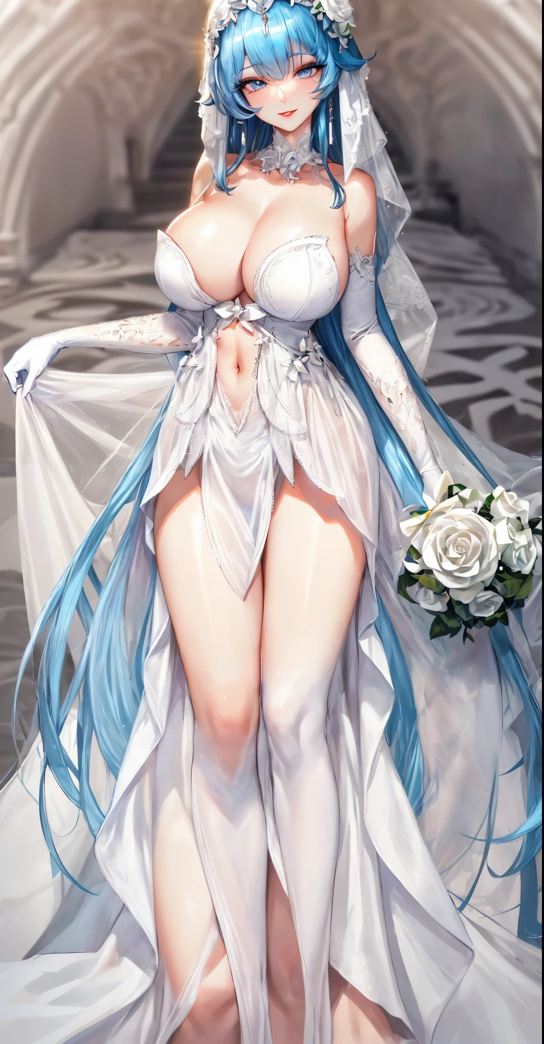 ((((best quality:1.2, best performance, 4k, 8k, png, wallpaper4k, Maximum graphics, realistically, Character 2.5D,)))), ((perfect face, The most beautiful face, blue eyes, light red lips, Red eyelids, Thick eyelids, Red cheeks, smile with love)), ((long hair, Very light blue hair, gorgeous hairstyle, white rose in hair)), ((collarbone, big breasts, waist, navel, big thighs, Beautiful white skin, Long legs)), ((pure white wedding dress, Ladies, upper class outfit, white flower pattern gloves, goddess))