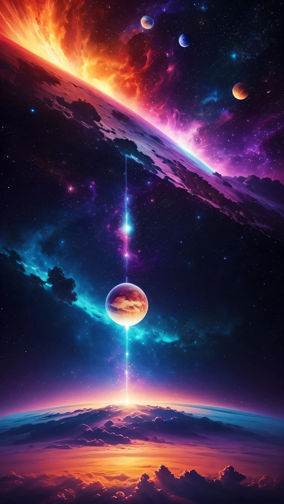 Create a unique painting, inspired by “Celestial Dreams”.,&#39;, which combines cosmic images and dreamy landscapes to create a surreal masterpiece, symmetrisch, Planet, leuchtende Farben, wallpaper, trending on instagram, something alien