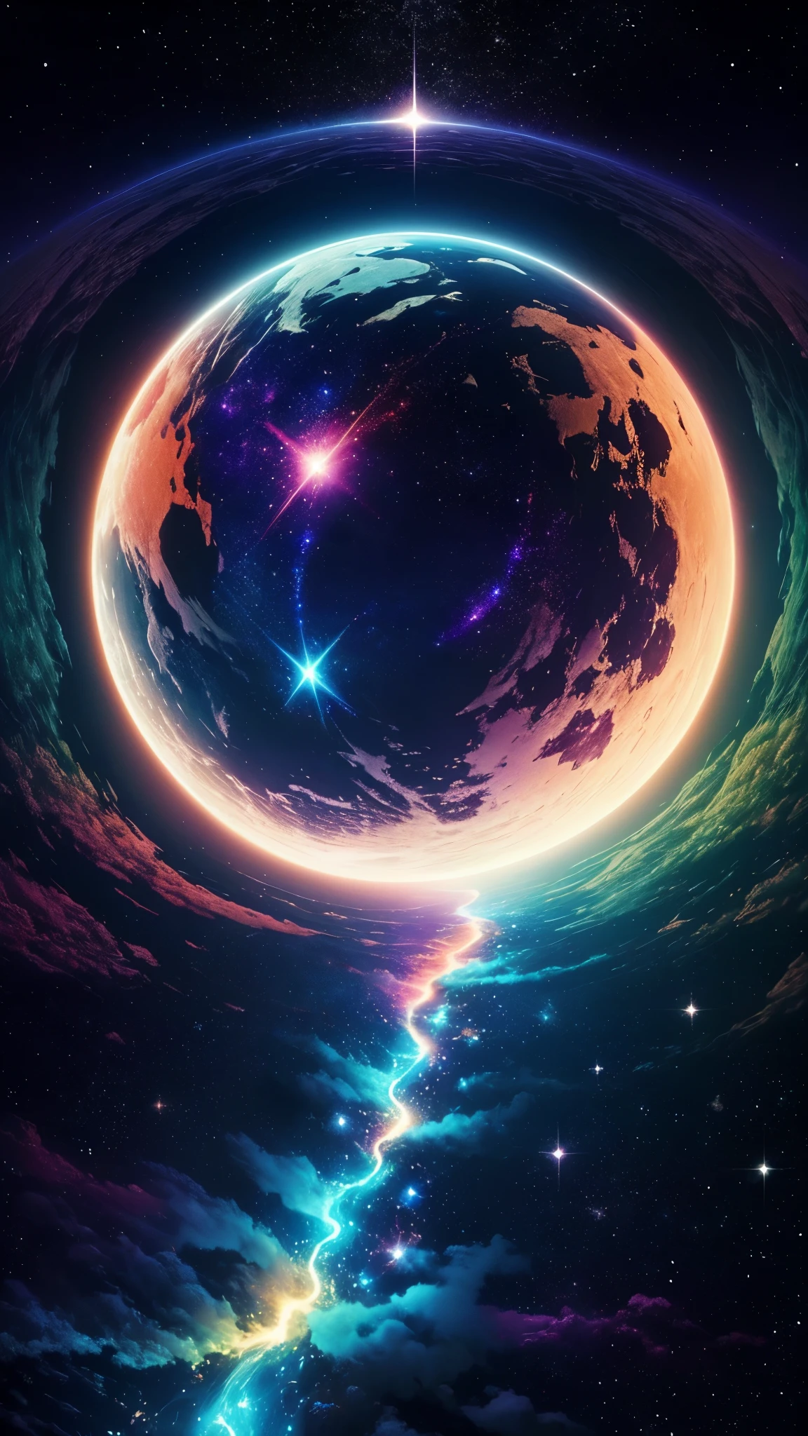 Create a unique painting, inspired by “Celestial Dreams”.,', which combines cosmic images and dreamy landscapes to create a surreal masterpiece, symmetrisch, Planet, leuchtende Farben, wallpaper, trending on instagram, something alien