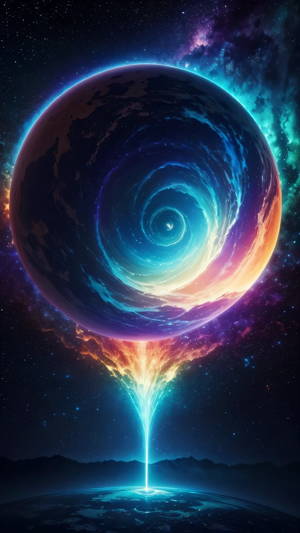 Create a unique painting, inspired by “Celestial Dreams”.,', which combines cosmic images and dreamy landscapes to create a surreal masterpiece, symmetrisch, Planet, leuchtende Farben, wallpaper, trending on instagram, something alien