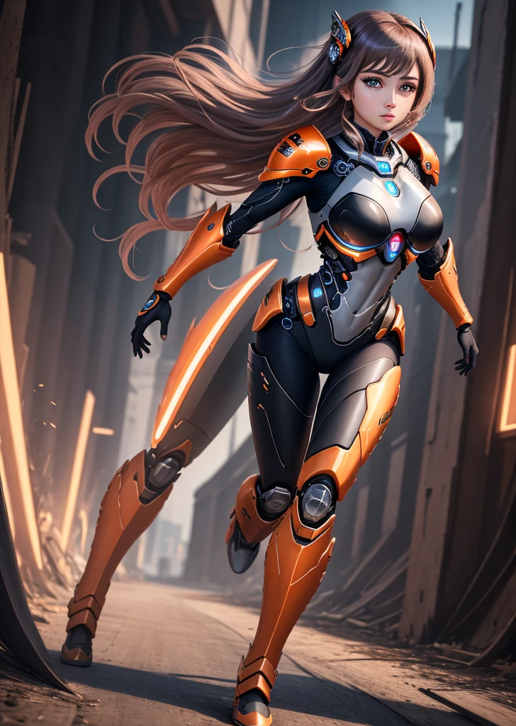 best quality, 8k, photography, beautiful eyes, detailed eyes, giant 3d printer, 1girl, cyborg, full body, perfect body, running, medium breasts, top viewer, orange and black armor