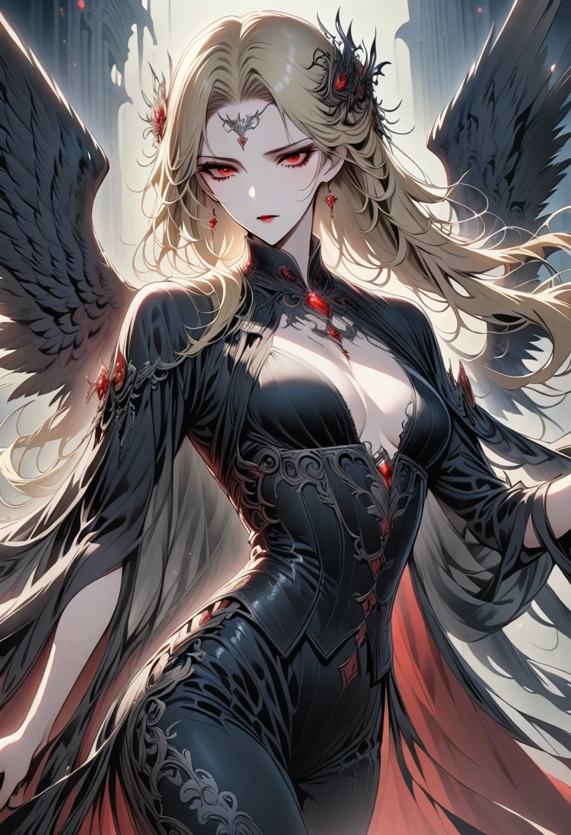 There is only 1 person, Very handsome man, Hairstyles for long blonde hair, Red eyes, Wearing a black suit and black wings, vampire atmosphere