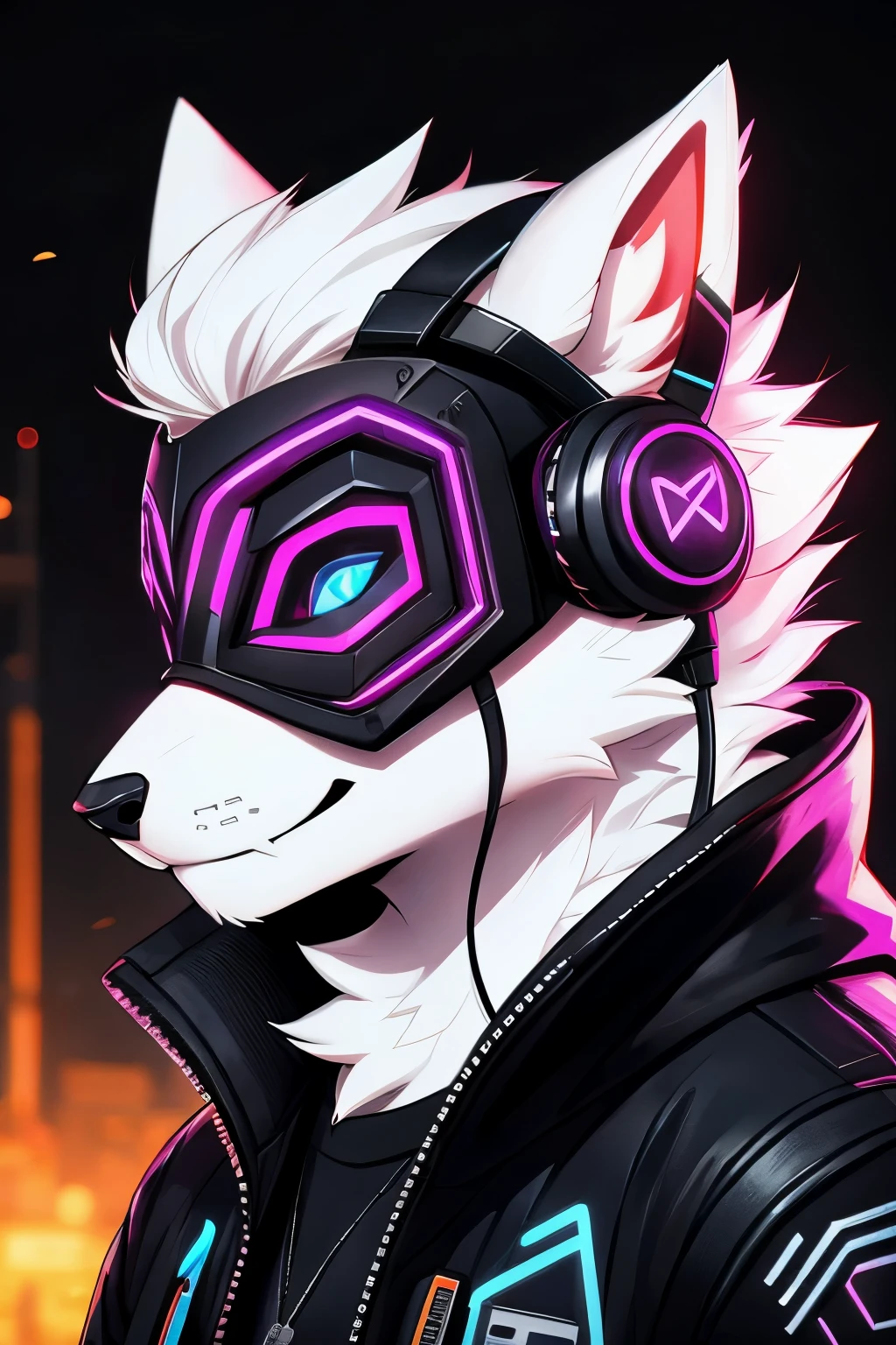 Young werewolf, white fur, wearing a black jacket with neon details, sporting a cybernetic mask, with gamer headphones, profile picture, Close-up on the face