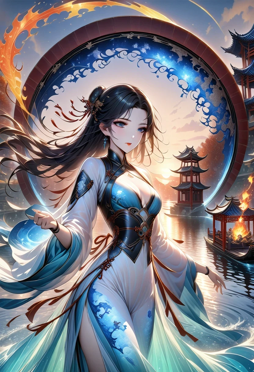 official art, unity 8k wallPaper, Super detailed, Beautiful and beautiful, masterpiece, best quality, (fire, water, ribbon, Paper cutting), (fractal art:1.3) 1 girl,architecture, (alone:1.5), Chinese_clothing, Sky, outdoor, Wide_sleeve, Black_hair, Sunset, (come down_foliage:1.2), Entern, (Paper_lEntern:1.5),blue Sky, (outdoor:1.5),hanfu, (Rainbow Candy:0.8), (Style Swirl Magic:0.8),