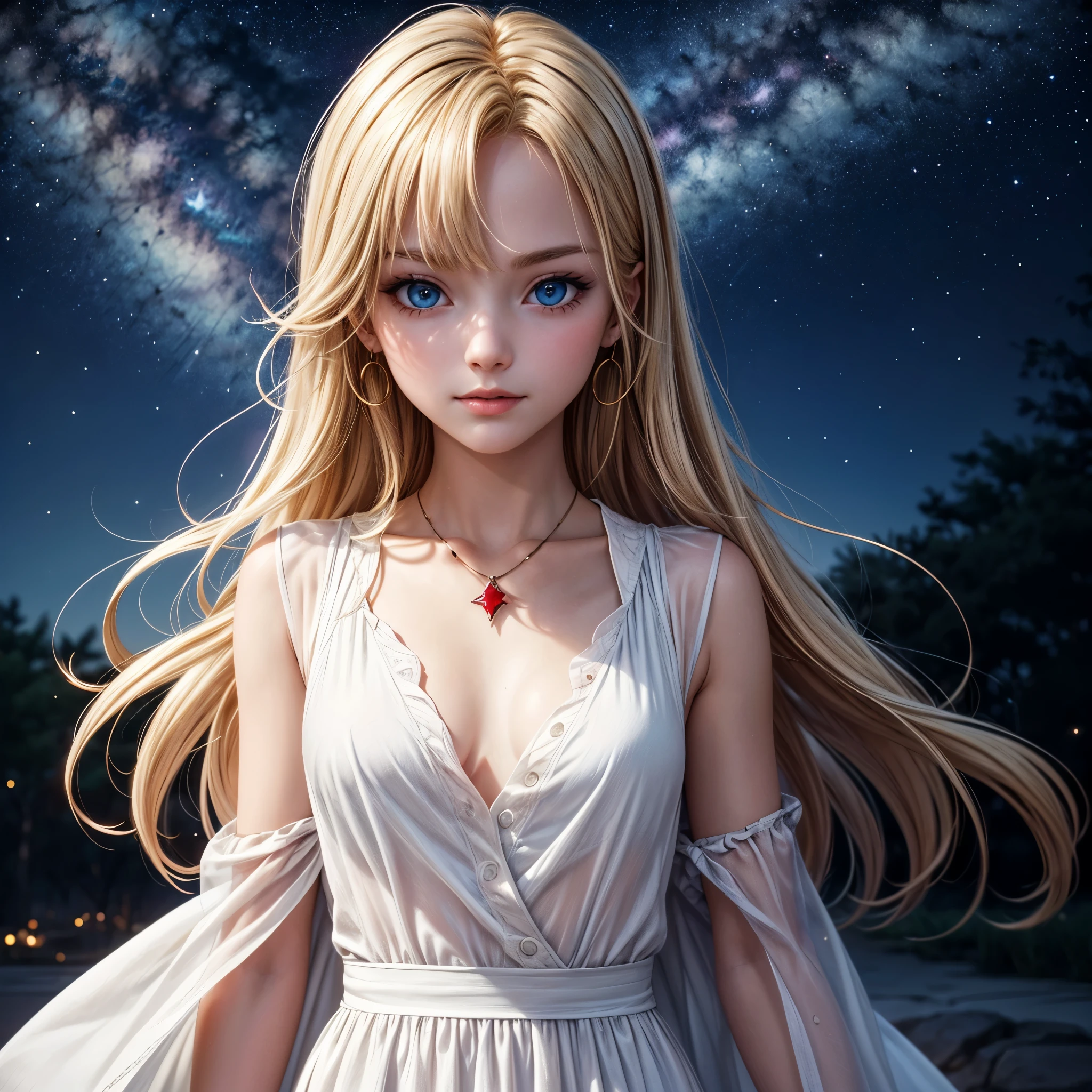 ((masterpiece)), (best quality), (detailed), (1girl), (supernatural heavenly dame) glowing blonde gradient hair, deep blue glowing eyes, straight hair, wearing a modern white shirt and red dress, covered by stars, decorated with jewelery