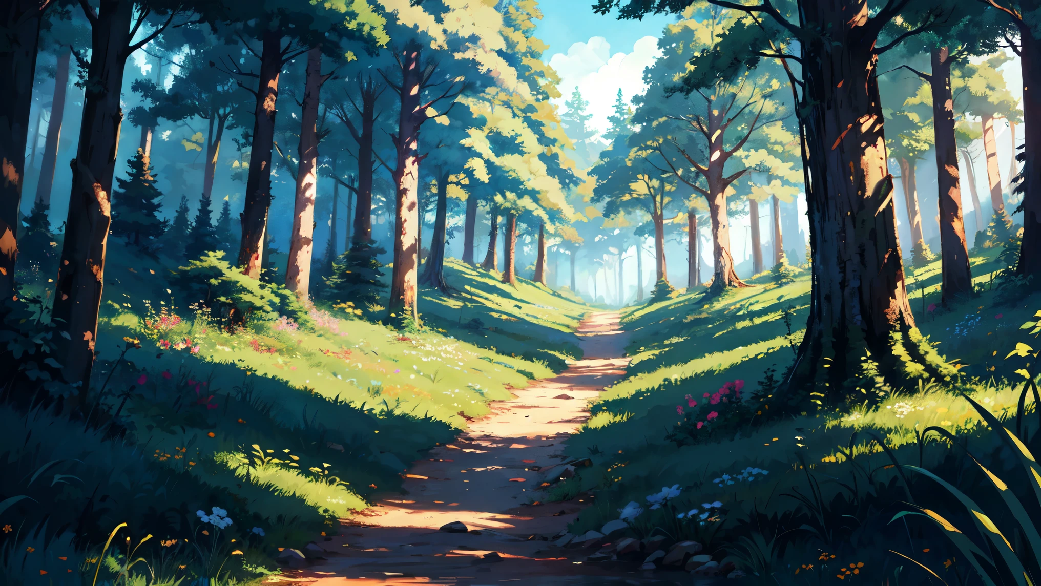 Cartoon fairy forest with trails and trees, arte de fundo, background artwork, Mobile game background, game background, 2 D game art background, forest background, scenery art detailed, landscape artwork, Mobile game art, 2d game background, Anime background art, forest clearing landscape, anime countryside landscape, sky forest background, forest outside, elf forest background, forest setting, Detailed game art