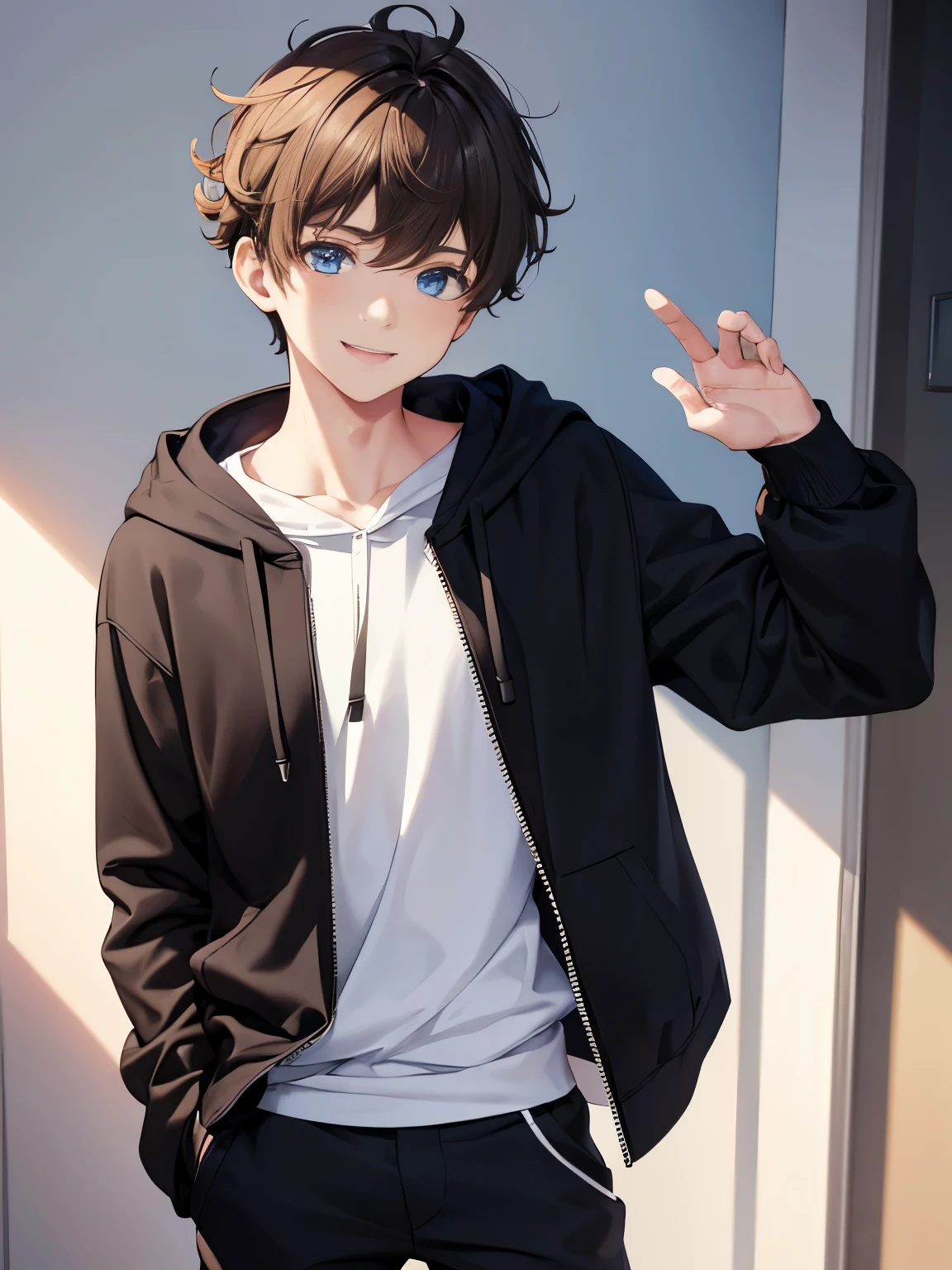 1boy,guy,standing,smile,blue eyes,half body photo,18 years old,Curly hair,medium hair,undercut hairstyle,light brown hair,black hoodie,black hoodie,white trousers,morning,ultra detail,masterpiece