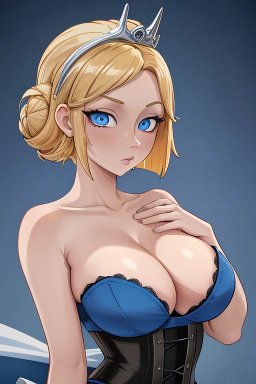 (masterpiece, 4k, high quality, colorful, super detailed eyes and face:1.2), 1girl, solo, 26 year old Scandinavian woman, Short blonde hair, bun-like hairstyle, bright blue eyes, large breasts, buxom chested, cleavage, strapless dark blue dress, exposed shoulders, silver tiara, white stash, corset, full body shot