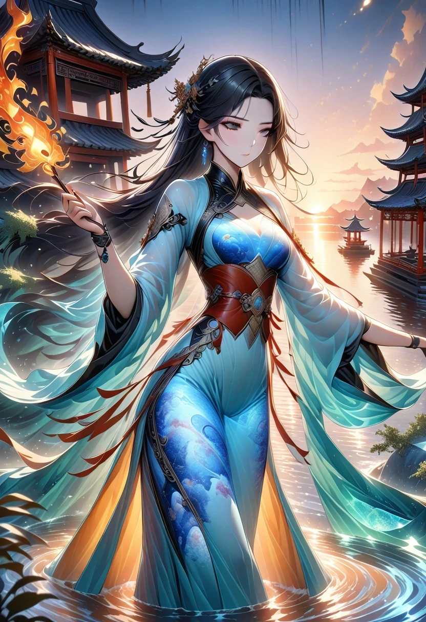 official art, unity 8k wallPaper, Super detailed, Beautiful and beautiful, masterpiece, best quality, (fire, water, ribbon, Paper cutting), (fractal art:1.3) 1 girl,architecture, (alone:1.5), Chinese_clothing, Sky, outdoor, Wide_sleeve, Black_hair, Sunset, (come down_foliage:1.2), Entern, (Paper_lEntern:1.5),blue Sky, (outdoor:1.5),hanfu, (Rainbow Candy:0.8), (Style Swirl Magic:0.8),