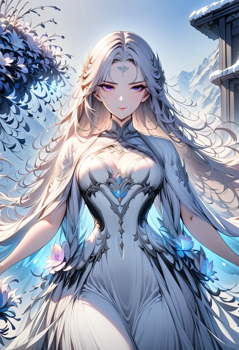 masterpiece, superb work, daytime, outdoor, fallen flowers, white dress, 1 girl, perfect woman, silver and white long hair woman, gray blue eyes, light pink lips, cold, Serious, boom, purple eyes, White clothes, black clothing series, delicate face, delicate face, Stand and bow, tassel, happy knot, Smile