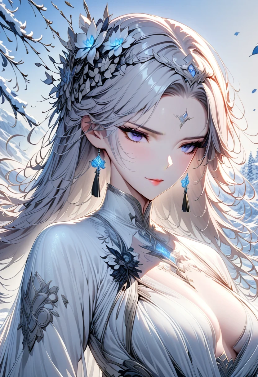 masterpiece, superb work, daytime, outdoor, fallen flowers, white dress, 1 girl, perfect woman, silver and white long hair woman, gray blue eyes, light pink lips, cold, Serious, boom, purple eyes, White clothes, black clothing series, delicate face, delicate face, Stand and bow, tassel, happy knot, Smile