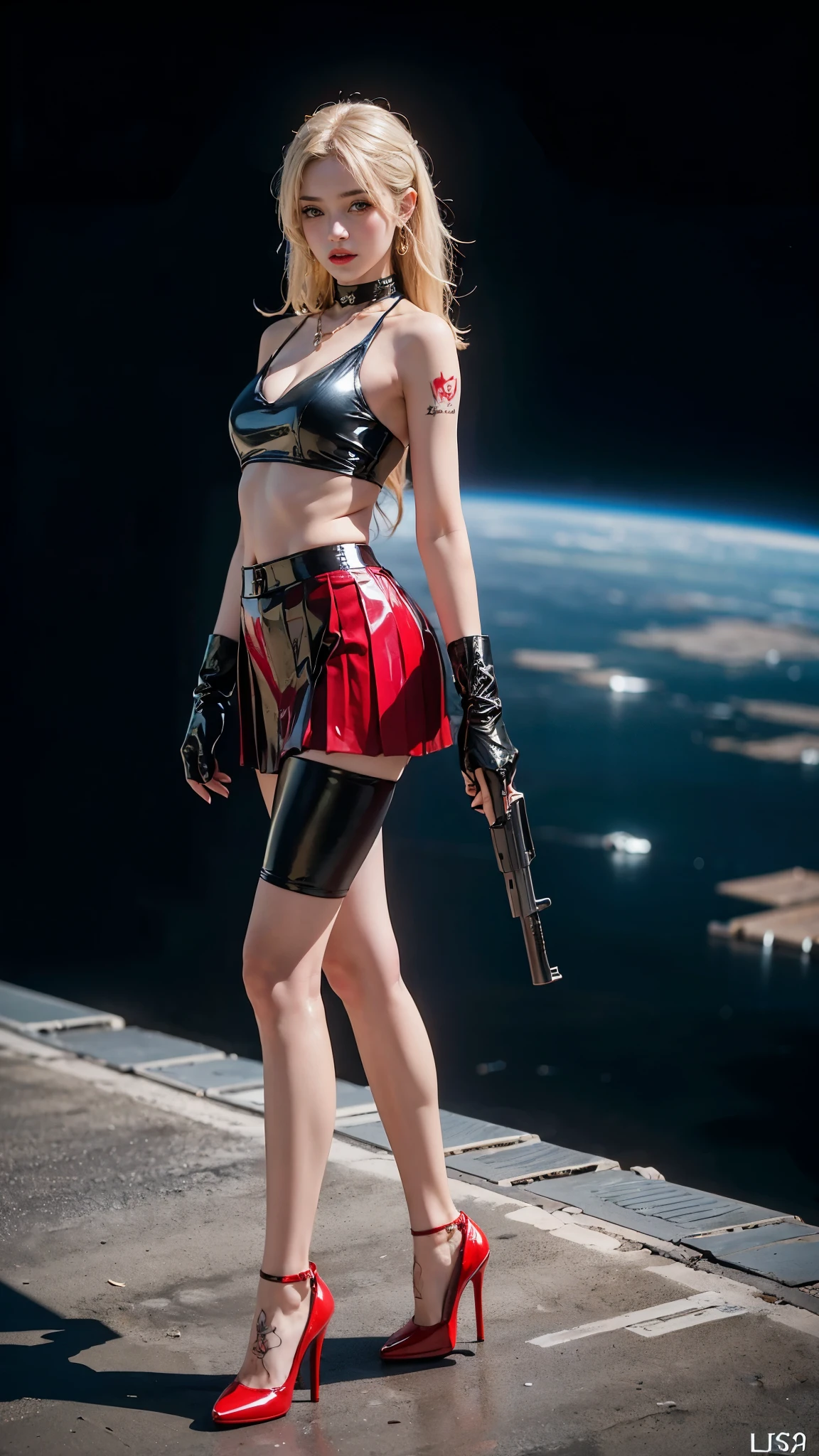 ((masterpiece:1.4)、(highest quality:1.4)、(realistic:1.7))、master piece:1.4、(Finest rendering:1.4)、(Female SWAT member of the Space Federation 73rd Division:1.4)、Super beautiful捜査官、(Written by Luis Royo:1.4)、(hold a gun:1.2)、body fit sexy uniform、(Luxurious shiny latex:1.4)、(navy blue sleeveless uniform jacket)、(underwear white sexy super ultra bikini)、(luxury red latex:1.4)、(red pleated mini skirt:1.4)、22 years old、(cute tattoo:1.4)、(wearing white gloves)、cute girl、Super beautiful、sharp focus、portrait photography:1.4、8k、realistic photo images:1.4、(perfect female body:1.4)、perfect proportions、(full body photography:1.4)、beautiful face、fearless look、beautiful eyes、narrow waist:1.4、(9 life size beautiful style girl:1.4)、(Beautiful girl with long legs and good style:1.4)、beautiful feet、(long hair:1.2)、beautiful breasts、big breasts:1.2、sexy butt、(standing facing forward:1.4)、Raw photo、red lips、red high heels:1.4、choker:1.4、necklace:1.4、earrings:1.4、1 screen display、Beautiful night view of cyberpunk city:1.2