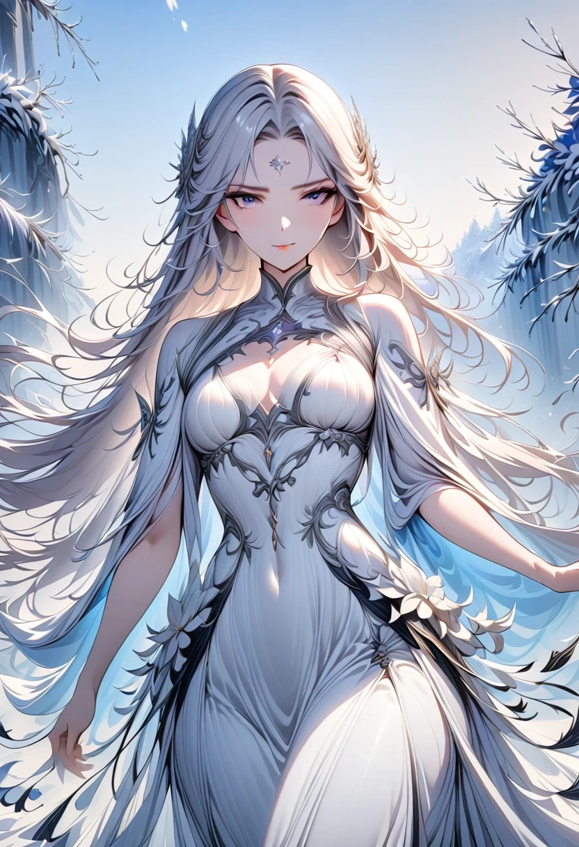 masterpiece, superb work, daytime, outdoor, fallen flowers, white dress, 1 girl, perfect woman, silver and white long hair woman, gray blue eyes, light pink lips, cold, Serious, boom, purple eyes, White clothes, black clothing series, delicate face, delicate face, Stand and bow, tassel, happy knot, Smile