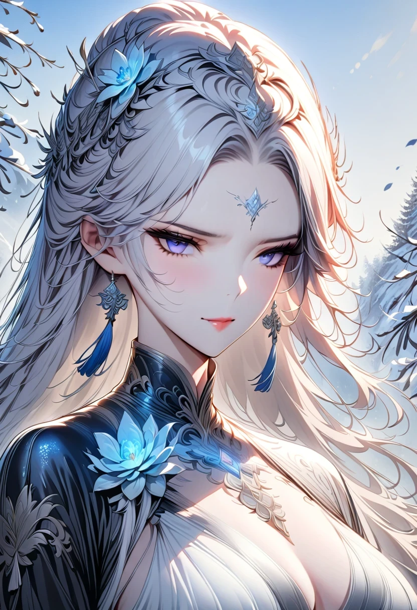masterpiece, superb work, daytime, outdoor, fallen flowers, white dress, 1 girl, perfect woman, silver and white long hair woman, gray blue eyes, light pink lips, cold, Serious, boom, purple eyes, White clothes, black clothing series, delicate face, delicate face, Stand and bow, tassel, happy knot, Smile
