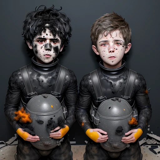 Two boys caught in an explosion and covered in soot