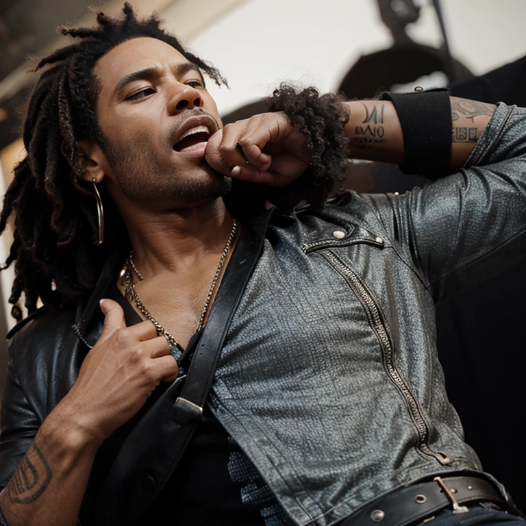 A super realistic photo of American singer Lenny Kravitz singing a song