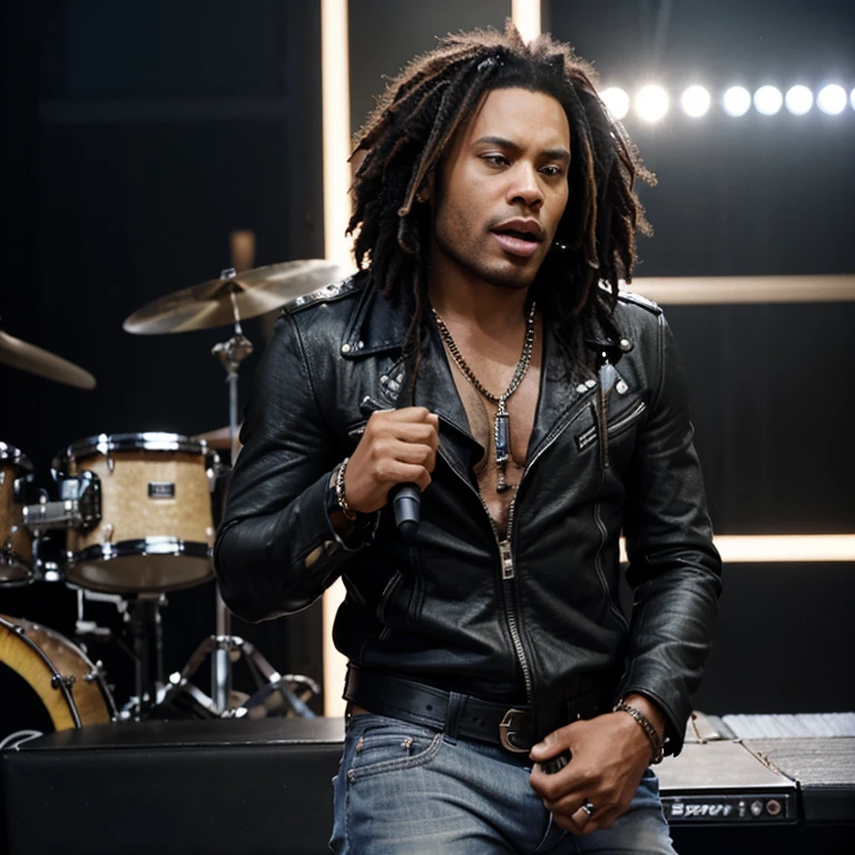 A super realistic photo of American singer Lenny Kravitz singing a song