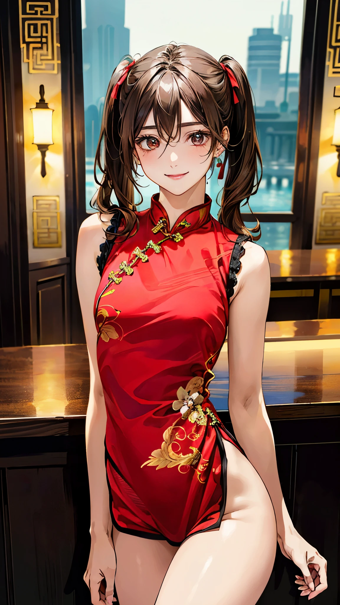 (masterpiece:1.3, top-quality, ultra high res, ultra detailed), (realistic, photorealistic:1.4), beautiful illustration, perfect lighting, natural lighting, colorful, depth of fields, surrealism, 
looking at viewer, 1 girl, 16 years old, 7 headed body, perfect face, (perfect anatomy), cute and symmetrical face, baby face, shiny skin, (Ideal ratio body proportions), 
(middle hair:1.5, twintails:1.2, light brown hair), hair between eyes, big eyes, red eyes, long eye lasher, (large breasts:1.2, seductive thighs), slender, small buttocks, skinny legs, 
beautiful hair, beautiful face, beautiful detailed eyes, beautiful clavicle, beautiful body, beautiful chest, beautiful thigh, beautiful legs, beautiful fingers, 
((sleeveless red mini cheongsam)), high heels, 
(beautiful scenery), evening, (bar counter), (smile:1.5, happiness), 