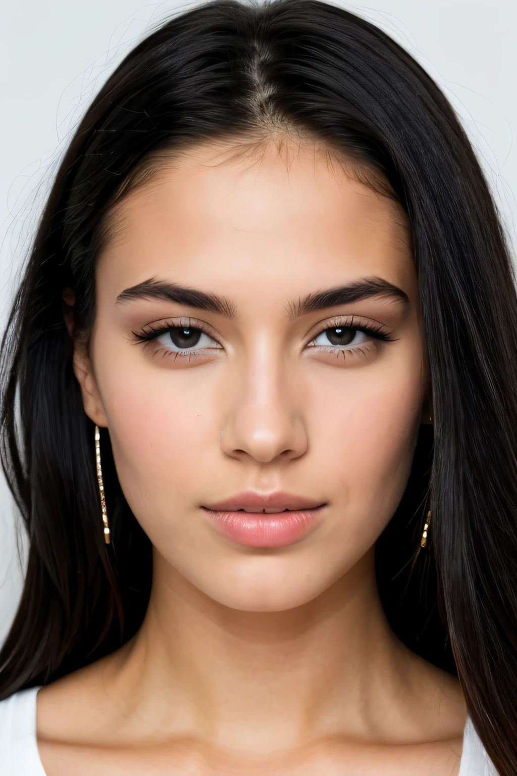 closeup photo of 25 year old model, straight black hair, dark eyes
