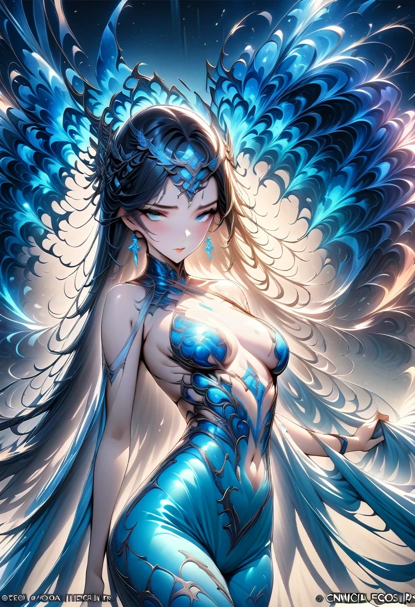 (masterpiece, top quality, best quality, official art, Beauty and Aesthetics: 1.2), (1 girl: 1.3), (fractal art: 1.3), Vibrant aqua blue eyes, Medium long hair with fringe, naked midsection