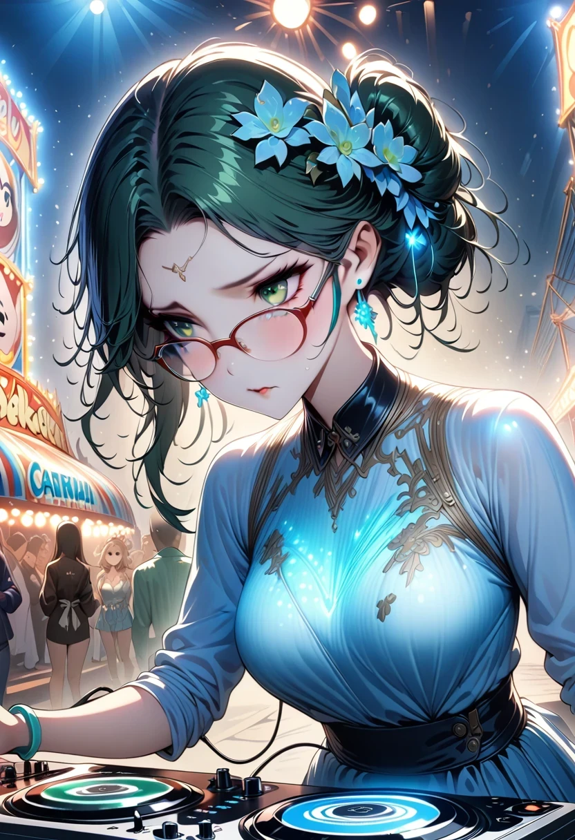 Japanese cartoons, show host girl, DJ, DJ girl, earphone, carnival, (Highest quality),masterpiece,best quality,extremely detailed CG wallpaper, extremist_detailed,(movie lighting:1.1), (cold face), green eyes, 1 girl, alone, dark green_hair, short_hair, masterpiece, best quality, Glasses