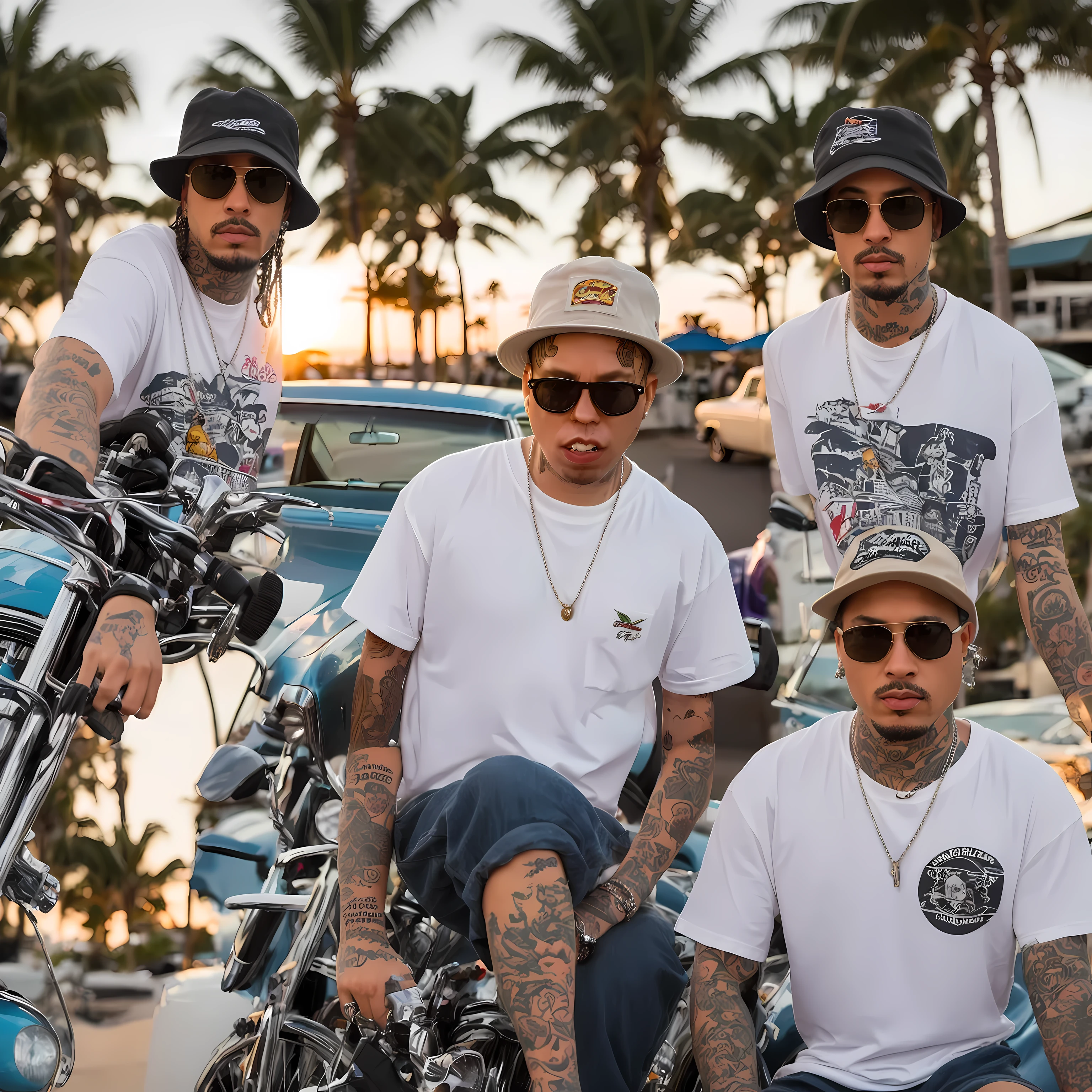 coopie, a 90s style west coast gangster with tattoos on face, tattoo over left eye, wearing white t-shirt, bucket hat, baggy tan khaki pants, white sneakers, face tattoos, neck tattoos, full body, tattoos, wearing a beanie and sunglasses, snarled lip, raised eyebrow, aggressive look, lowriders in the background, lowrider bikes in the background, depth of field, god rays, masterpiece, highres, super detail, accurate, no red, no blue, no purple, no yellow, palm trees, beach sunset, multiple views