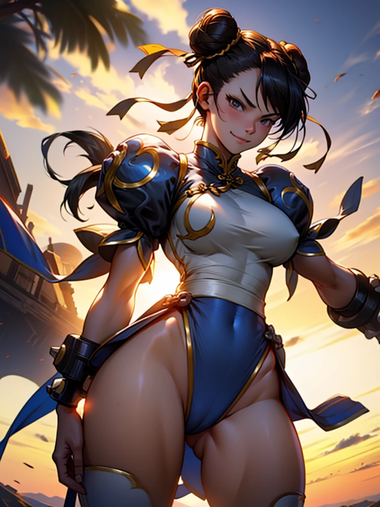 solo, low lighting, chun li masterpiece, best quality, agrias, grey sweater, black leotard, standing, looking at viewer, black hair,angry,smile,sunset
