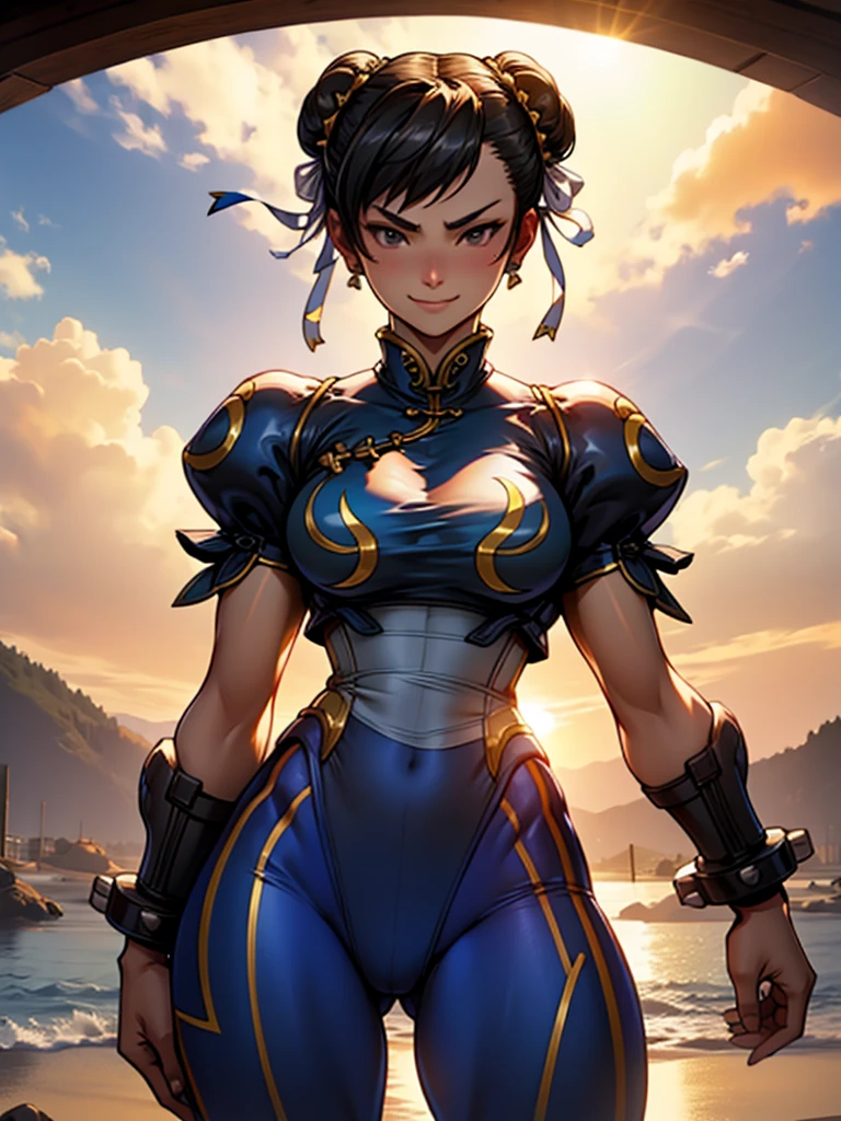 solo, low lighting, chun li masterpiece, best quality, agrias, grey sweater, black leotard, standing, looking at viewer, black hair,angry,smile,sunset