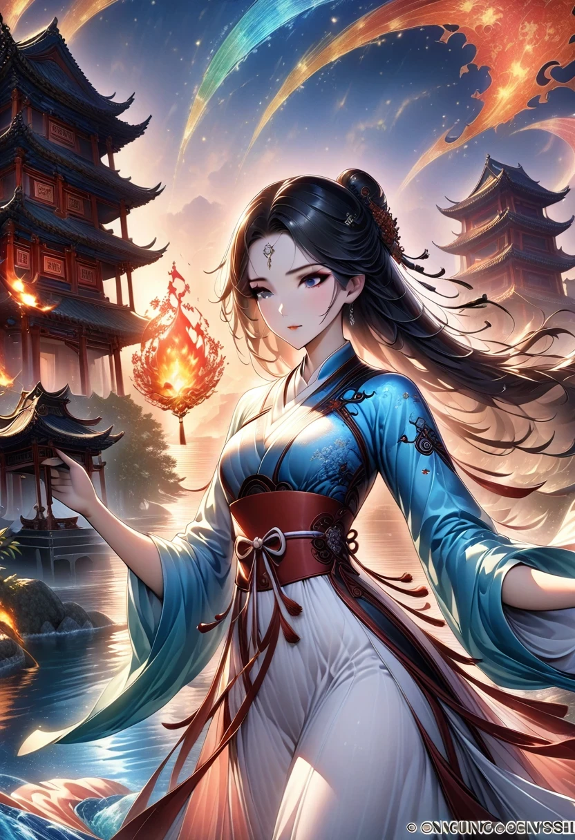 official art, unity 8k wallPaper, Super detailed, Beautiful and beautiful, masterpiece, best quality, (fire, water, ribbon, Paper cutting), (fractal art:1.3) 1 girl,architecture, (alone:1.5), Chinese_clothing, Sky, outdoor, Wide_sleeve, Black_hair, Sunset, (come down_foliage:1.2), Entern, (Paper_lEntern:1.5),blue Sky, (outdoor:1.5),hanfu, (Rainbow Candy:0.8), (Style Swirl Magic:0.8),
