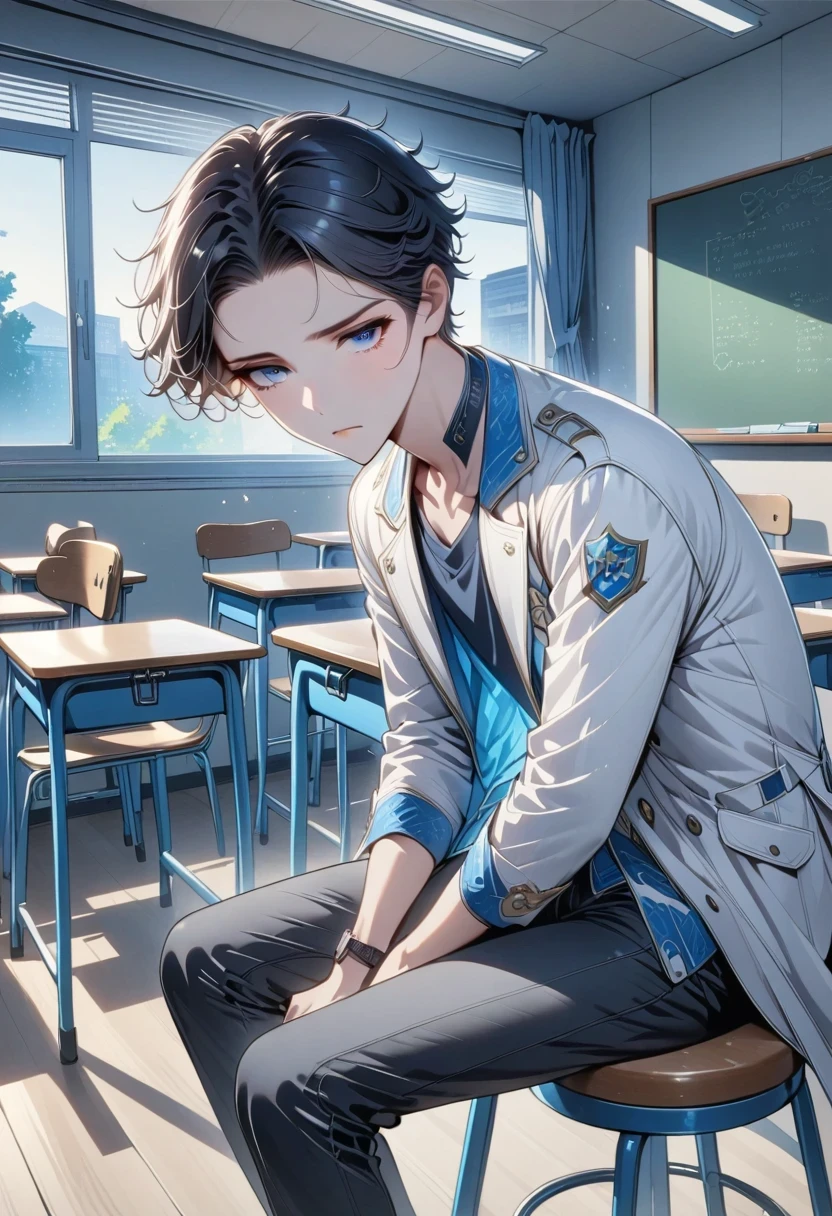 best quality: 1.0), (ultra high resolution: 1.0), anime boy, short black hair, blue eyes, white coat, black pants, Sleep on a stool, classroom background