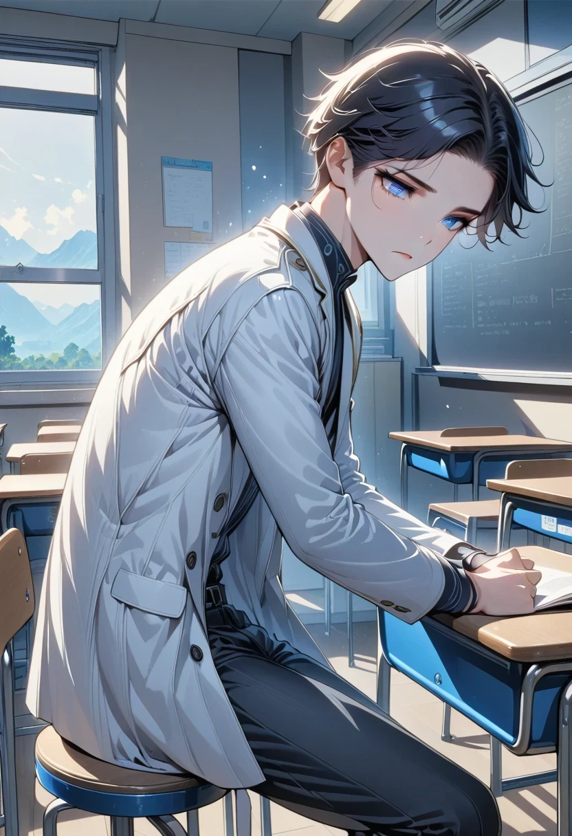 best quality: 1.0), (ultra high resolution: 1.0), anime boy, short black hair, blue eyes, white coat, black pants, Sleep on a stool, classroom background
