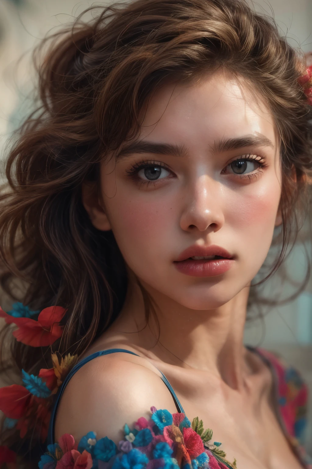 (Best Quality, 4K, 8K, High Resolution, Masterpiece: 1.2), (Super Detailed, Realistic, Photorealistic:1.37)A captivating young girl, donning a striking ensemble of red and blue, stands before a window with an air of toughness and determination. Her enchanting eyes are exquisitely detailed, capturing every glimmer and depth, while her lips boast a meticulous beauty that is both captivating and alluring. The level of detail extends to her entire face, each contour and feature meticulously rendered to perfection, creating a sense of hyper-realism that draws the viewer in. 

The girl's attire, reminiscent of oil painting art, is a work of art in itself. The fabric, skillfully crafted to resemble vibrant brushstrokes, adds a touch of dynamism to her overall appearance. It is a true reflection of the artist's talent, showcasing a mastery, (NSFW:1.1), Chignon hairstyle, (beautiful nipples:1.1), (moist skin texture:1.2)