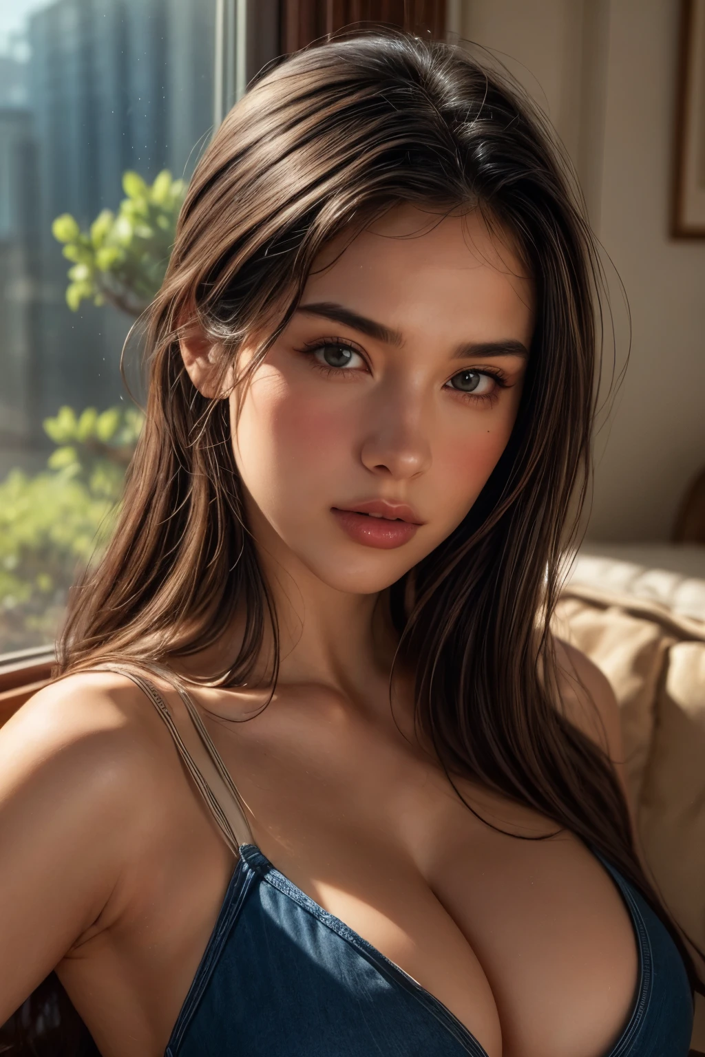 (Best Quality, 4K, 8K, High Resolution, Masterpiece: 1.2), (Super Detailed, Realistic, Photorealistic:1.37)A captivating young girl, donning a striking ensemble of red and blue, stands before a window with an air of toughness and determination. Her enchanting eyes are exquisitely detailed, capturing every glimmer and depth, while her lips boast a meticulous beauty that is both captivating and alluring. The level of detail extends to her entire face, each contour and feature meticulously rendered to perfection, creating a sense of hyper-realism that draws the viewer in. 

The girl's attire, reminiscent of oil painting art, is a work of art in itself. The fabric, skillfully crafted to resemble vibrant brushstrokes, adds a touch of dynamism to her overall appearance. It is a true reflection of the artist's talent, showcasing a mastery, (NSFW:1.1), Chignon hairstyle, (beautiful nipples:1.1), (moist skin texture:1.2)