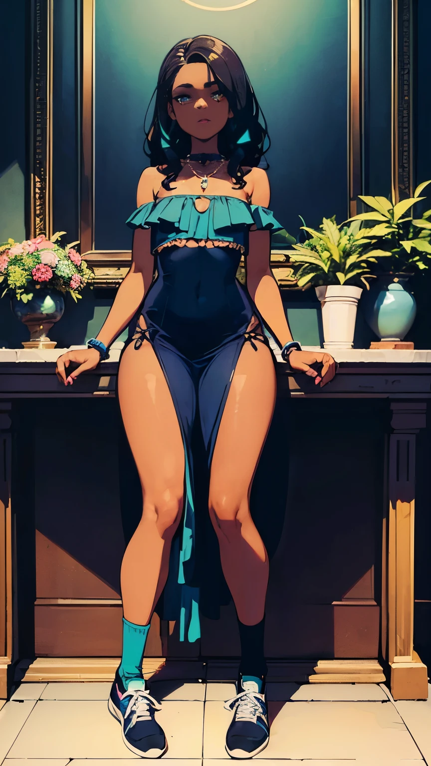 (masterpiece, full body shot, low angle shot), there is a beautiful (dark-skinned Haitian) ((goth girl)), (lithe and curvy) figure, (afro-textured cerulean hair:1.3), (shy expression), (hand over belly), sitting at luxurious Haitian dining room eating pasta, ((mess of mint herbs and rolling papers and cigars)) on ornate wooden table, (wearing luxurious sheer bodycon dress, (very small breasts:1.4) with (dark areolas) and freckles on chest), (wearing stacked azurite jewel necklace), (wearing long ruffled socks), (wearing skateboarding sneakers), (copious cone incense burning in background), (overgrown potted cannabis sativa plants in glass vase), (stuffed animals in background), (low angle shot, golden hour, 4k, detailed background),