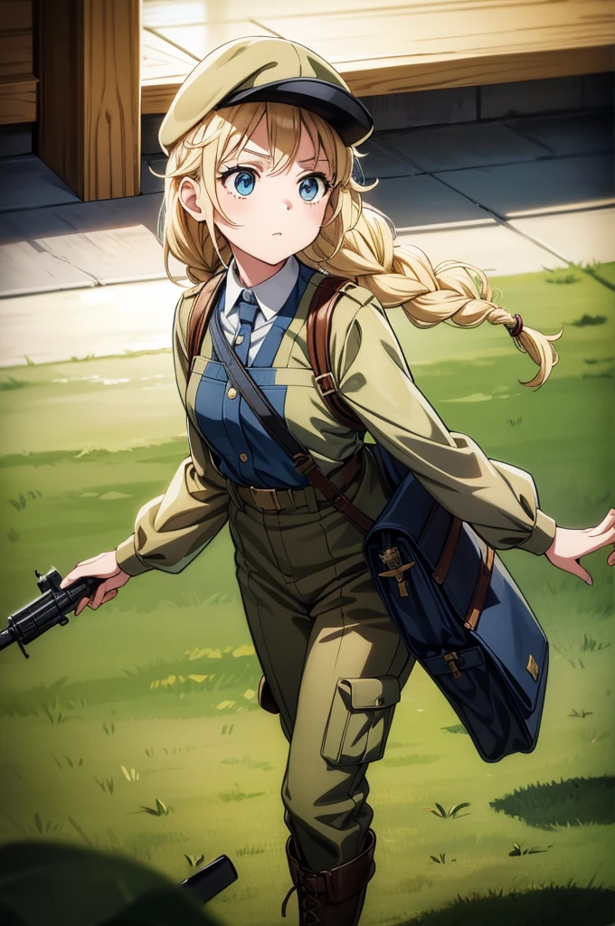 Girl, blonde hair, long hair, khaki military uniform, boots, belt, suspenders, magazine pouch, water bottle, bayonet bag, rifle, battlefield ,Eiko Tsukimi, blue eyes, braid, twin braid, blonde hair, long hair,basaeball cap