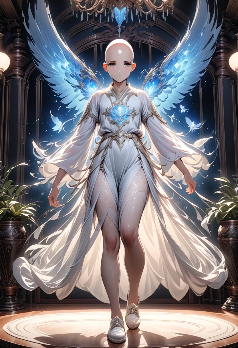 ((masterpiece)), HD clarity,juvenile,cloth shoes， (((( 1 person, white sleeves,  robe))))，(((1 name blue juvenile，entire human body，tear nevus:)))，(bald:1.8)，Cool feeling，nature，peaceful，childish。best quality，Grandmaster：1.4），ultra high resolution，realistically，front lighting，intricate details，alone，（young），looking at the audience，（hollow pattern，white，silk），fit，VIP room，professional lighting，photon mapping，Radiosity，Physically based rendering，