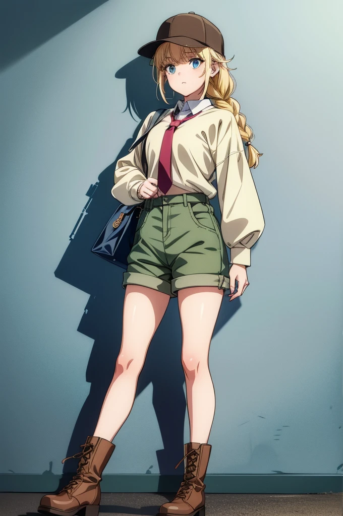 this is a nice drawing of a girl with a cool hair style, 1girl, boots, solo, blonde hair, blue eyes, braid, shorts, shirt, brown footwear, long hair, long sleeves, green shorts, holding, necktie, bag, baseball cap