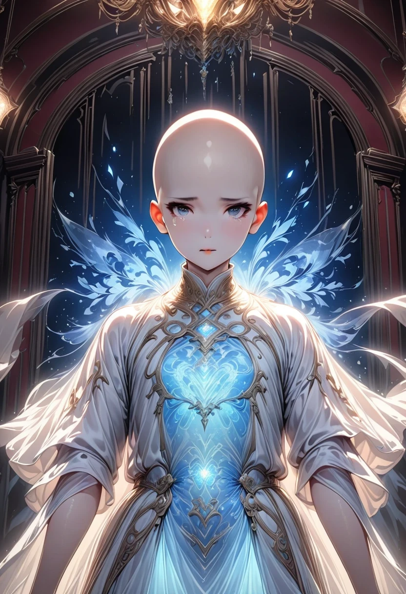 ((masterpiece)), HD clarity,juvenile,cloth shoes， (((( 1 person, white sleeves,  robe))))，(((1 name blue juvenile，entire human body，tear nevus:)))，(bald:1.8)，Cool feeling，nature，peaceful，childish。best quality，Grandmaster：1.4），ultra high resolution，realistically，front lighting，intricate details，alone，（young），looking at the audience，（hollow pattern，white，silk），fit，VIP room，professional lighting，photon mapping，Radiosity，Physically based rendering，