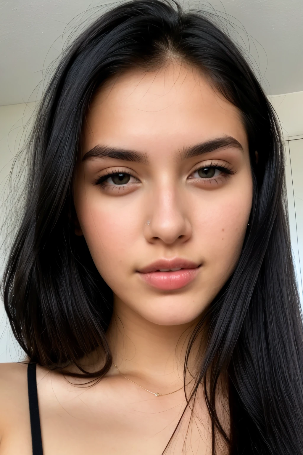 closeup photo of 25 year old model, straight black hair, dark eyes
