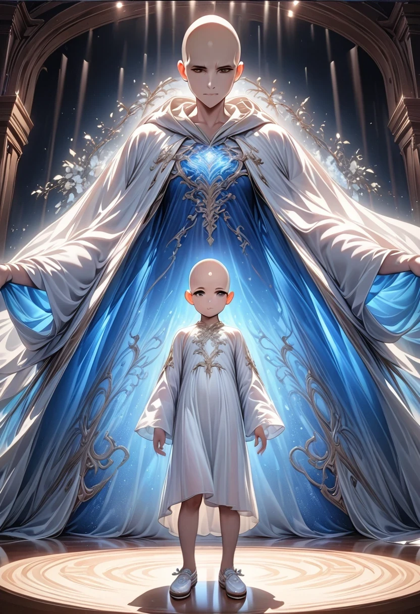 ((masterpiece)), HD clarity,juvenile,cloth shoes， (((( 1 person, white sleeves,  robe))))，(((1 name blue juvenile，entire human body，tear nevus:)))，(bald:1.8)，Cool feeling，nature，peaceful，childish。best quality，Grandmaster：1.4），ultra high resolution，realistically，front lighting，intricate details，alone，（young），looking at the audience，（hollow pattern，white，silk），fit，VIP room，professional lighting，photon mapping，Radiosity，Physically based rendering，