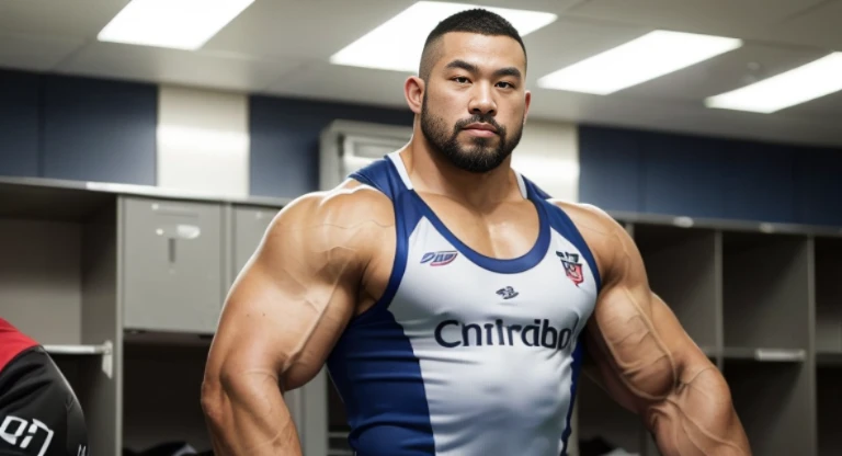 inside club locker room, facing each other, (rugby uniform:1.2), Japanese man, Chinese man, Korean man, Taiwanese man, manly face, round face, monolid eyes, (buzz cut:1.4), very large and strong body, bulging muscles, very large pectoral muscles, muscular arms, muscular abs, muscular legs, muscular back, brightens oily skin, master piece, realistic, panorama, distant view