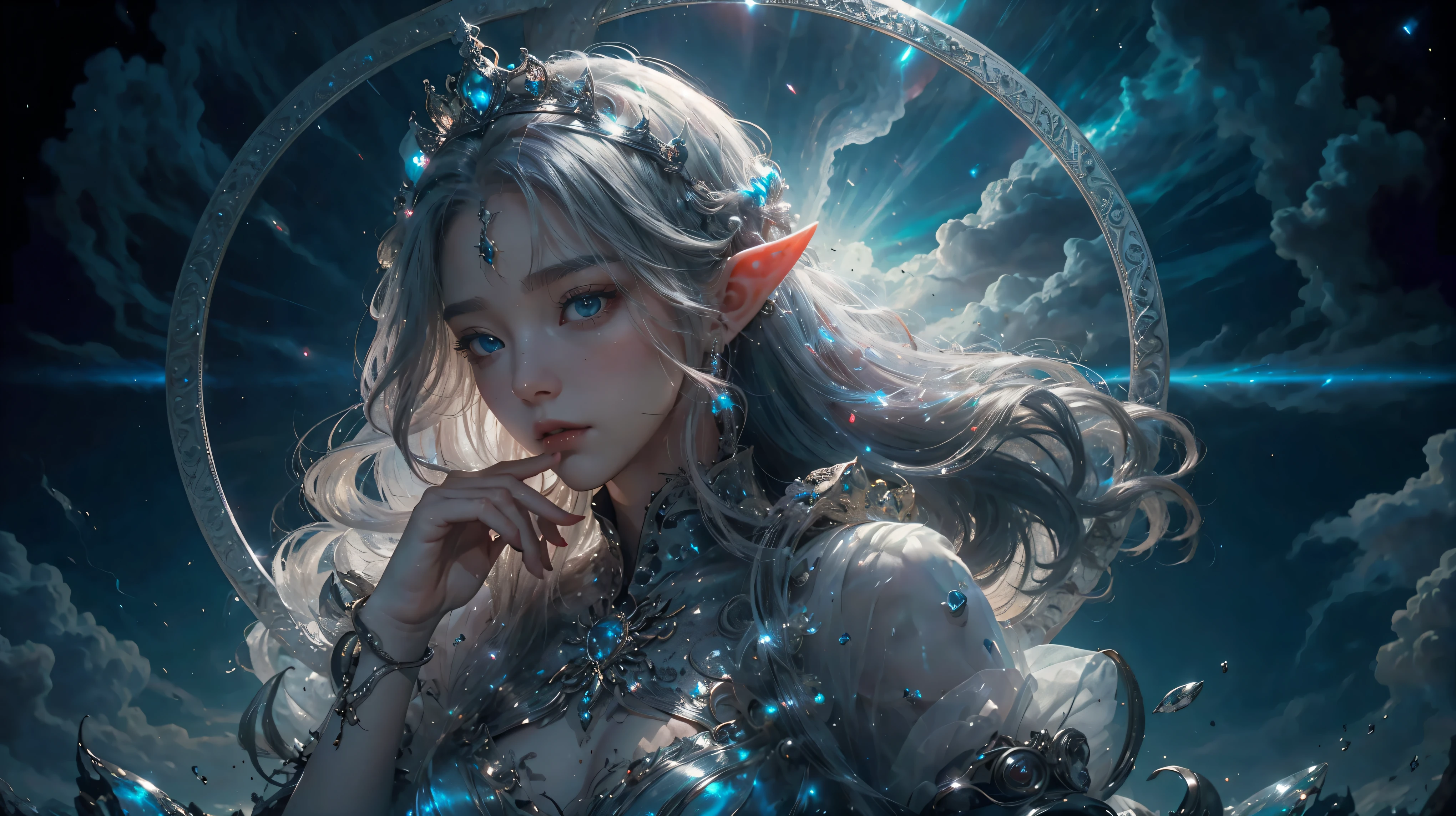 elf girl red hair, (lewd eyes, The is very detailed, Bio-luminescence):1.7 , bioluminescence: 1.7. (Body floating in the air): 1.5. ( Clouds are passing around, nigh sky), Mild, Personable, Pure elegance. (exquisite silk dress, Exquisite silver case, The is very detailed), (A delicate crown, The is very detailed). forest background ,