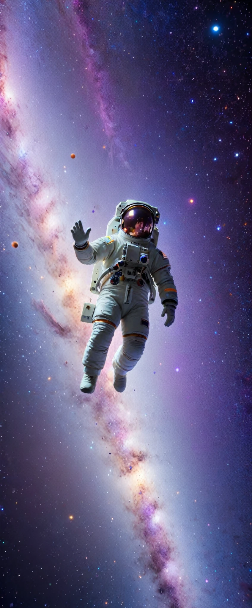 Einer Astronautin, floating in space near a space station, mit AIS-Partikeln,lila, bunt, die eine sehr farbenfrohe Aura um den Anzug bilden. 