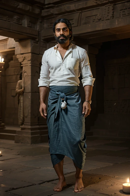 Very high definition photorealistic image of a cultured Indian man, intelligent face, 30-year-old, toned body, smartly trimmed black beard, black hair, collar length hair, hair combed back, wearing an (((indigo blue dhoti))), and a (((white collarless shirt))). The shirt is untucked. Full length image, casual relaxed pose. He stands in an ((underground)) Hindu temple. The temple itself is carved out of dark green rock, rock banded with different shades of green. The scene is lit only by the light of ((hundreds of candles)), clustered around the bases of the squat, ((round)) columns that support the temple's roof. The temple's walls are covered in erotic carvings, khajuraho style sculptures