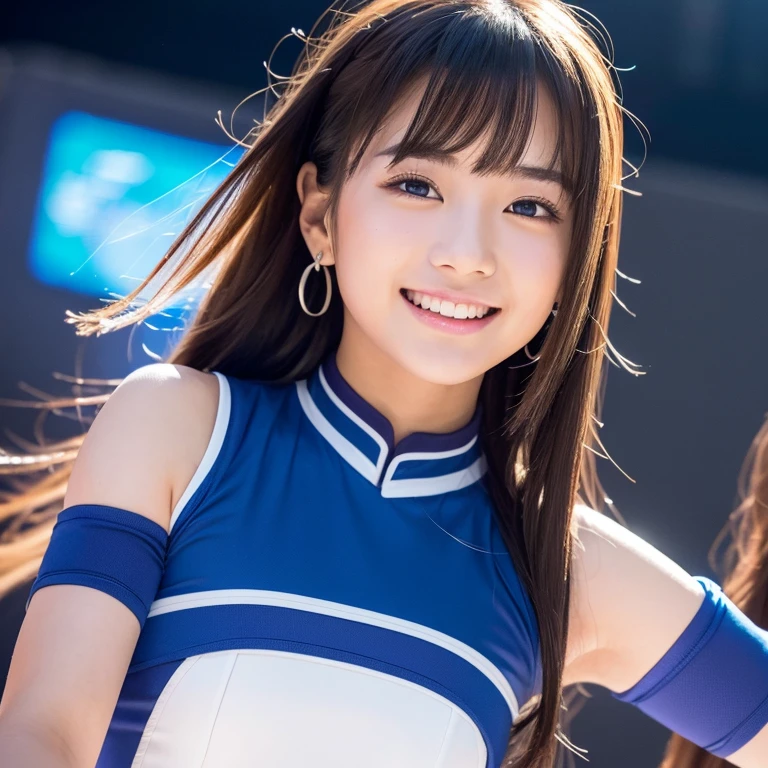 The eyes of a beautiful teenage Japanese female popular idol wearing a blue costume with a futuristic design smiling and dancing on stage at an event. Focal length 100mmf/2.8, spring day, sunny, event venue, member of a popular idol group, ideal light source, well-shaped face, full smile, clear skin, toned body, beautiful hands, large arm movements , beautiful feet, realism, close-up of eyes, 8K image quality, highest quality.