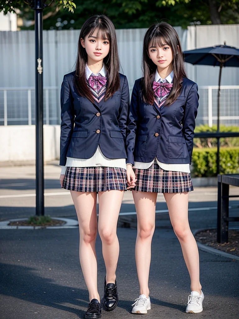 2 girls standing in school yard in winter,sweater,plaid pleated knitted skirt,bow tie,white thong,navy blue jacket,leggings,18-year-old,bangs,a little smiles,thighs,knees,crotch,low ponytail,from below