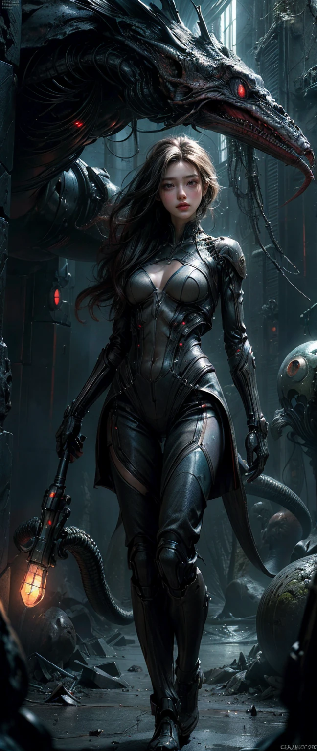 ((masterpiece, highest quality, Highest image quality, High resolution, photorealistic, Raw photo, 8K)), Ultra Wide Angle, Alien Landscape, A female stands next to an Alafedro robot on top of a hill, influenced by Stefan Koidl's background of discarded mechas. The art created by Craig Mullins, specifically in the style of Craig Mullins' Necro, portrays a detailed and futuristic science fiction scene. The emphasis is on SF concept art, It is being attacked by tentacled aliens, The overall lighting captures the essence of concept art in films,