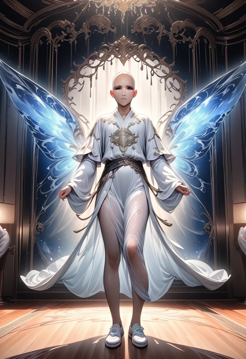 ((masterpiece)), HD clarity,juvenile,cloth shoes, (((( 1 person, white sleeves, robe)))),(((1 name blue juvenile,entire human body,tear nevus:))),(bald:1.8),Cool feeling,nature,peaceful,childish。best quality,Grandmaster:1.4),ultra high resolution,realistically,front lighting,intricate details,alone,(young),looking at the audience,(hollow pattern,white,silk),fit,VIP room,professional lighting,photon mapping,Radiosity,Physically based rendering,