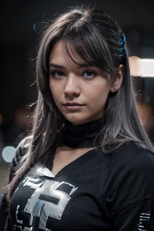 mujer joven con cabello largo gris plateado y ojos azul oscuro, chica perfecta, 8K, foto de pie en Alemania, hard camera flash
